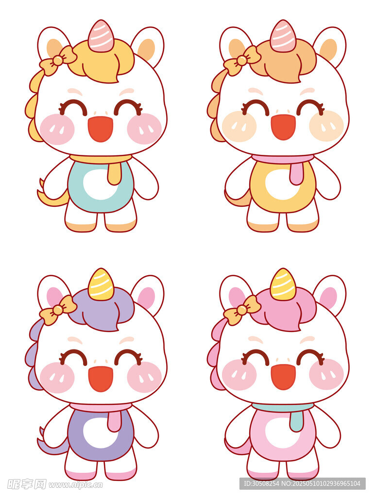 美丽的四色小马驹卡通头像插画