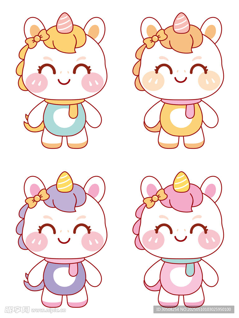 可爱的四色小马驹卡通头像插画