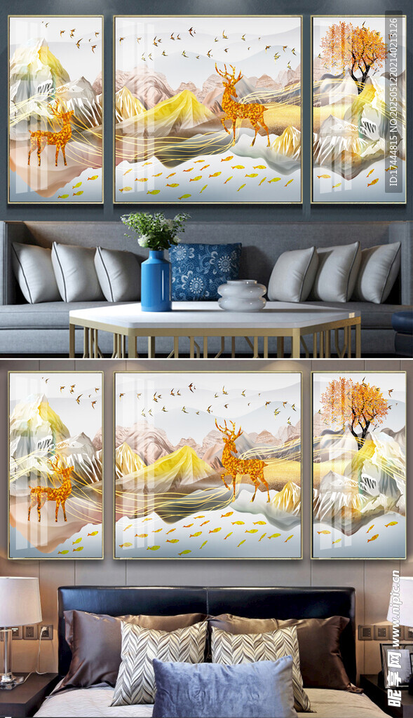 山水麋鹿客厅装饰画