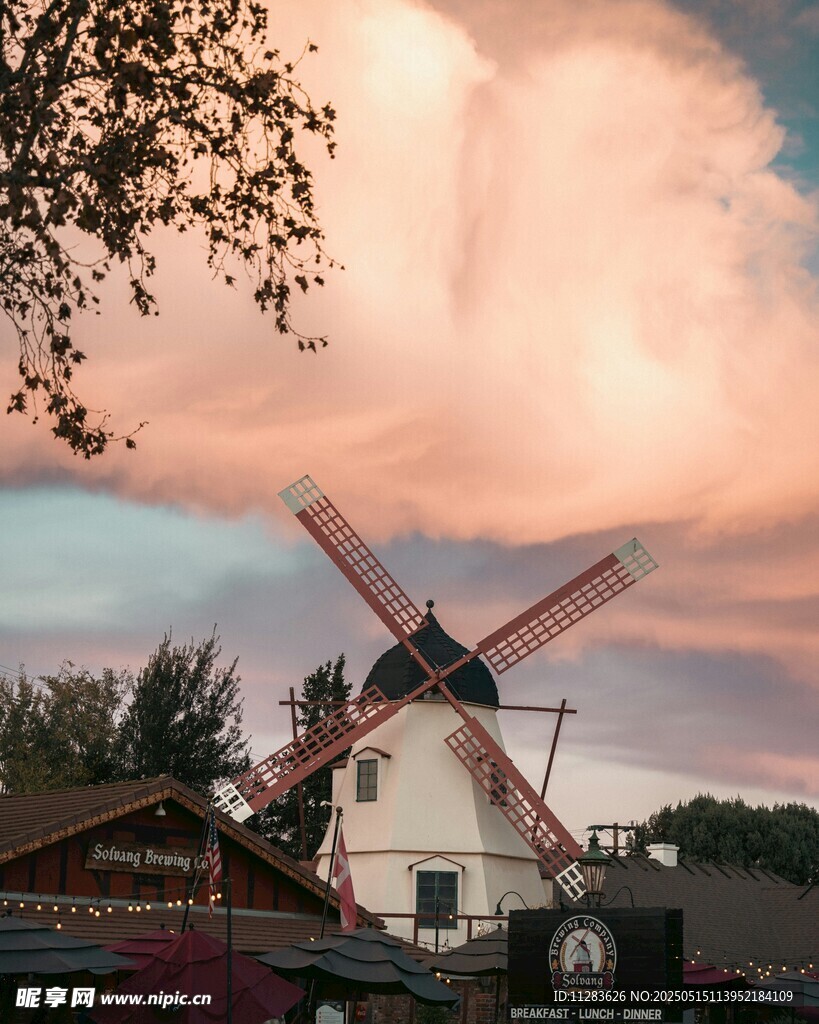 夕阳下的风车美景