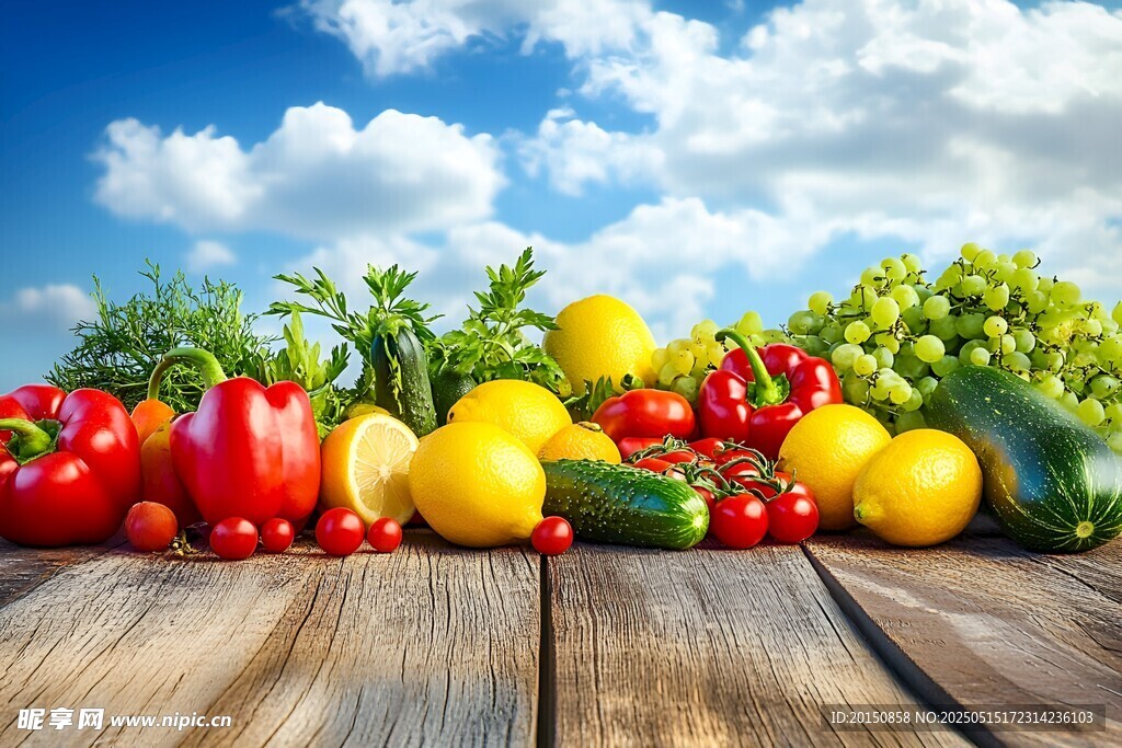 多彩新鲜蔬果摆于木桌