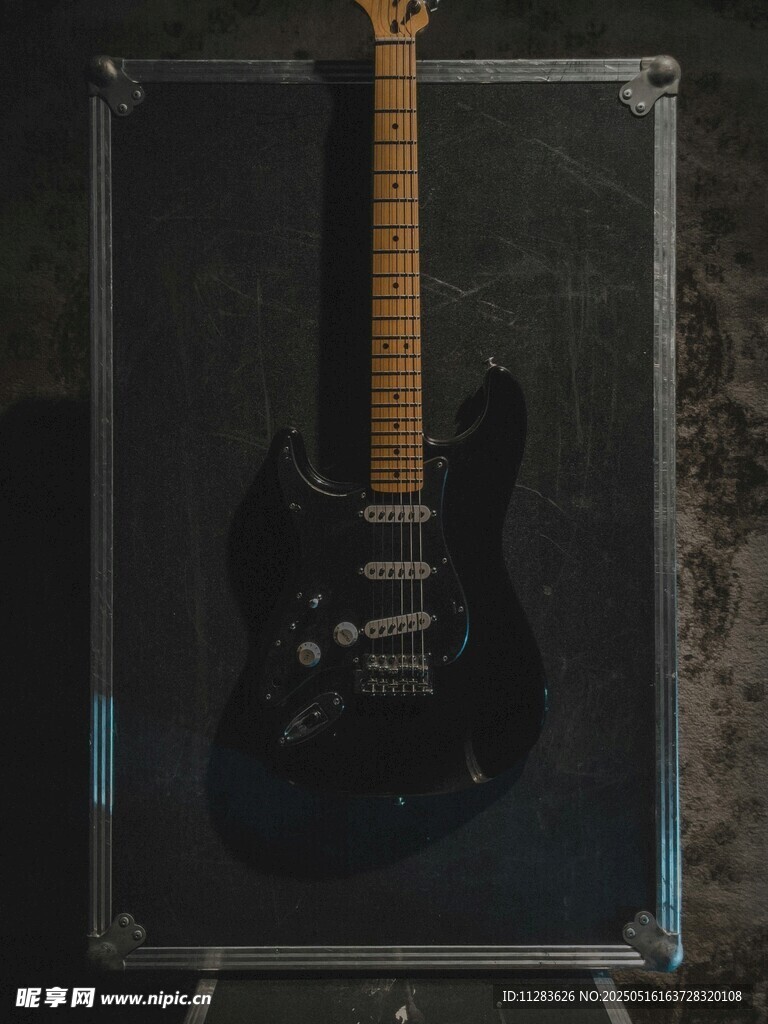 黑色电吉他置于琴箱中