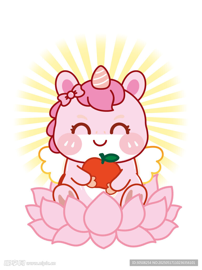 粉色生肖马抱苹果莲花卡通插画