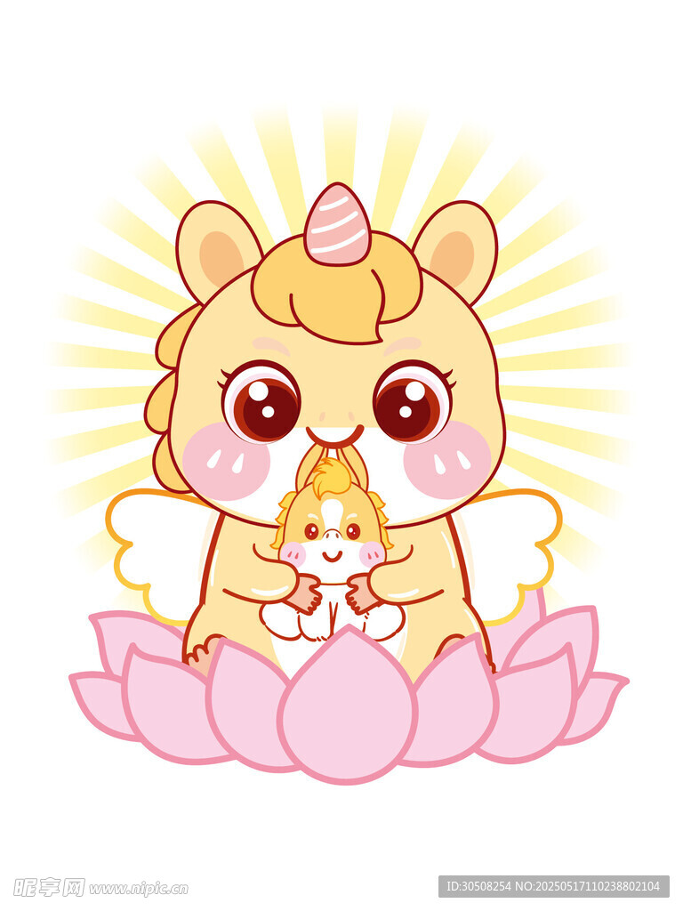 翅膀生肖马莲花抱小马卡通插画