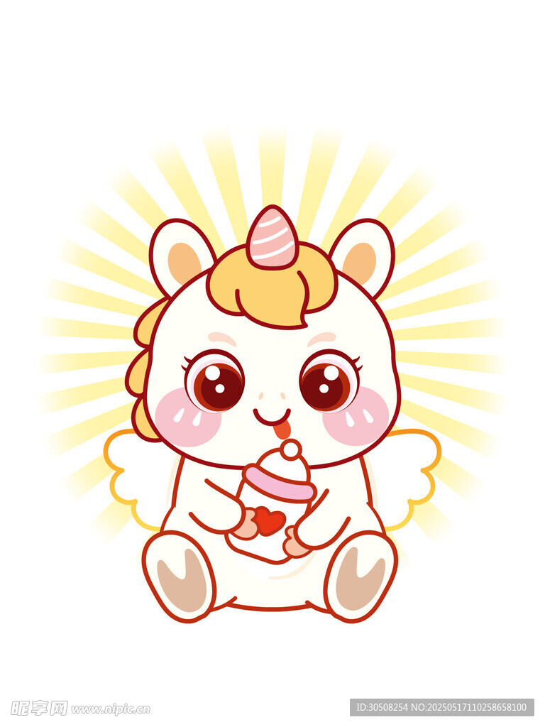 翅膀马宝宝吐舌抱奶瓶卡通插画