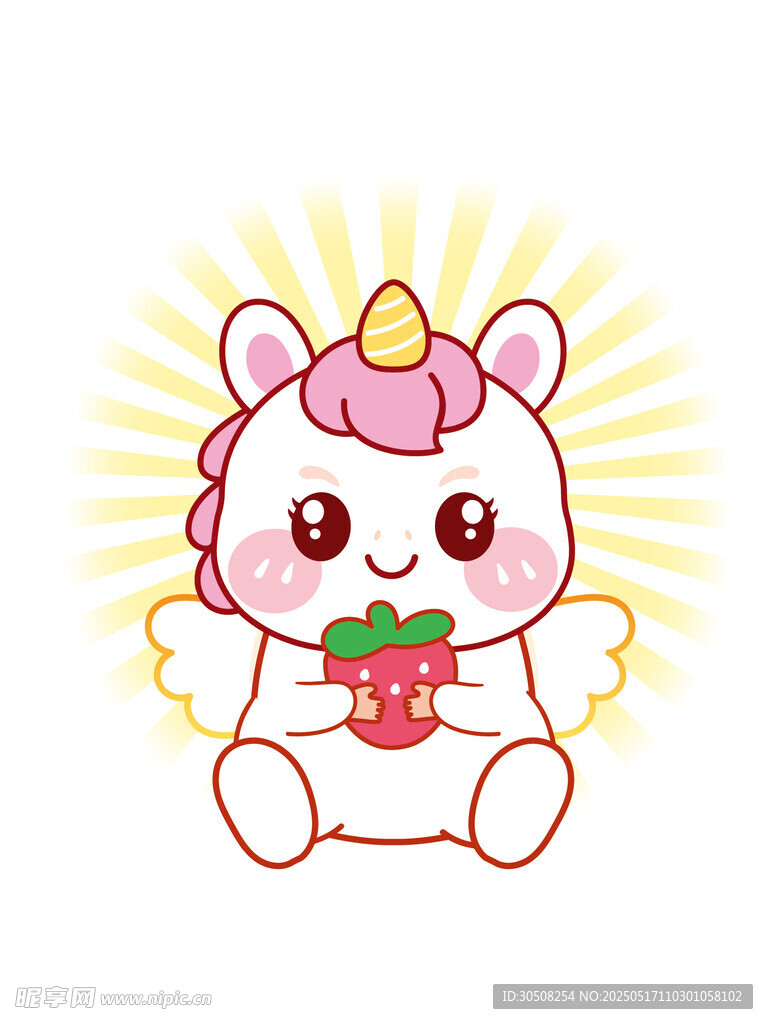 翅膀小马儿抱草莓卡通插画图片