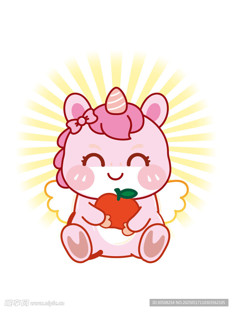 翅膀小马儿抱苹果卡通插画图片