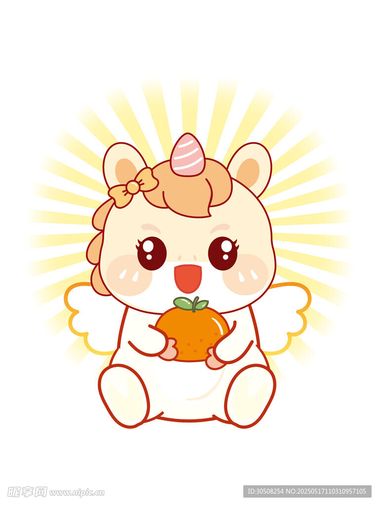 翅膀生肖马抱橘子卡通插画图片