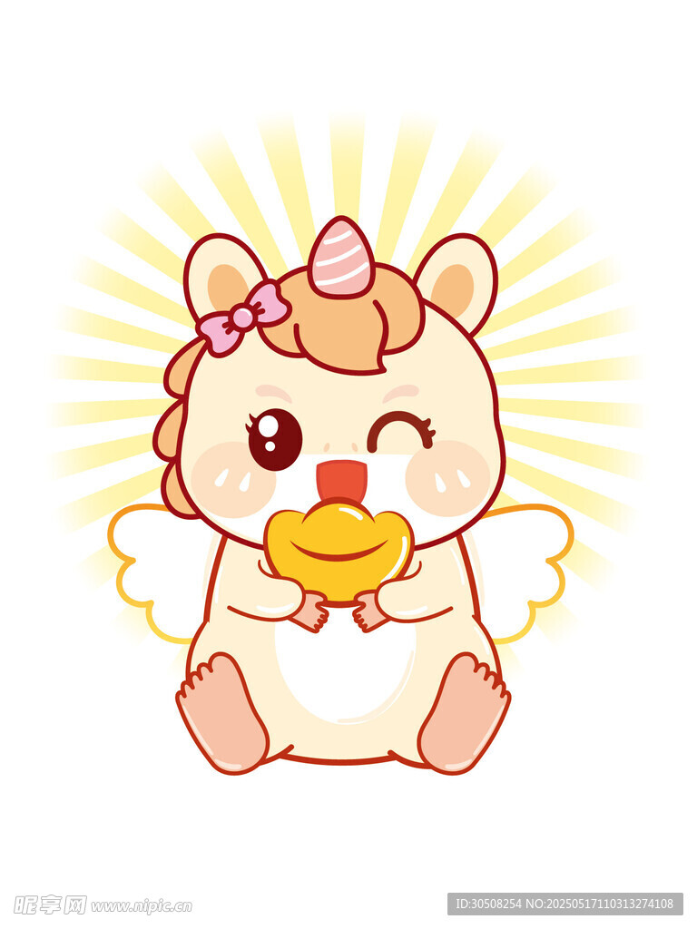 翅膀小马儿抱金元宝卡通图片插画