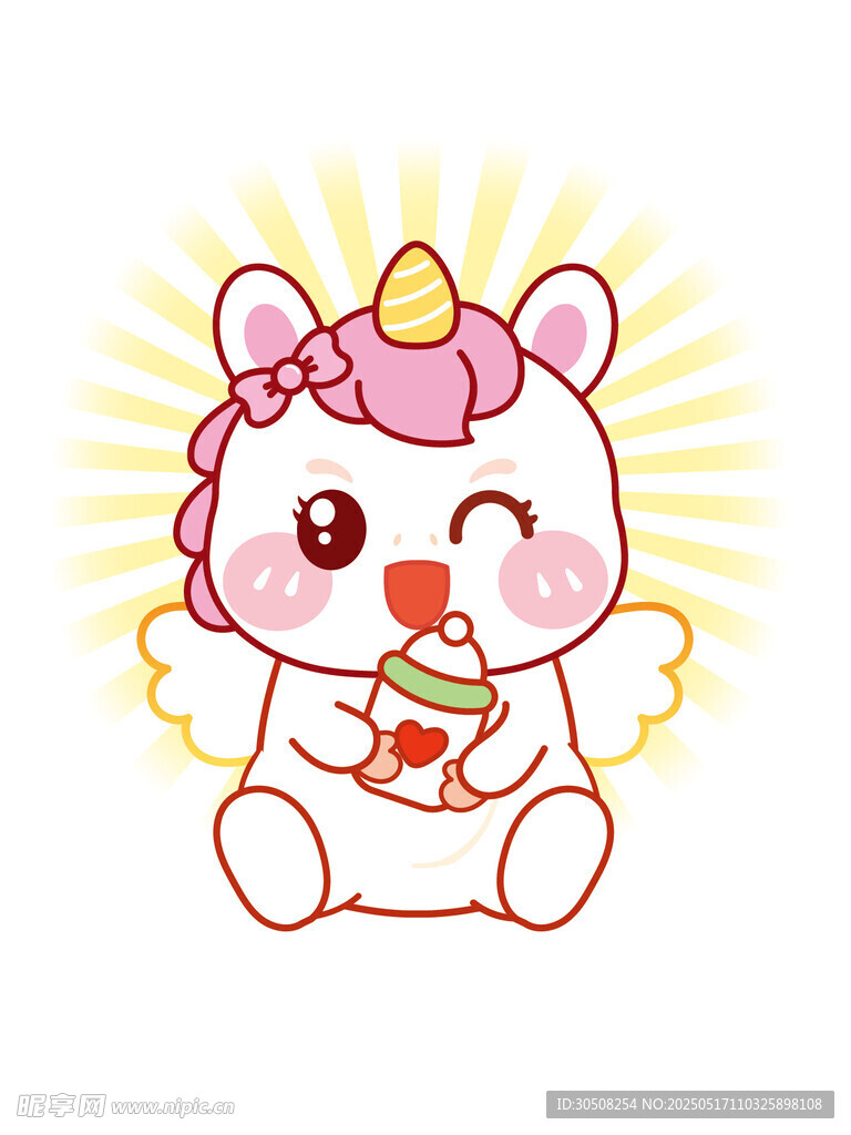 粉发翅膀马儿抱奶瓶卡通图片