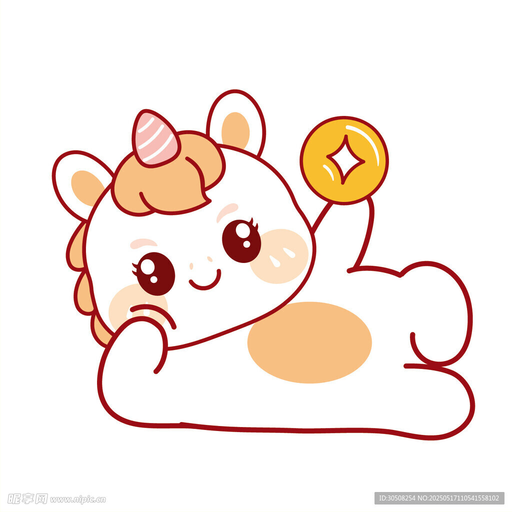 小马儿躺着举金币卡通插画图片