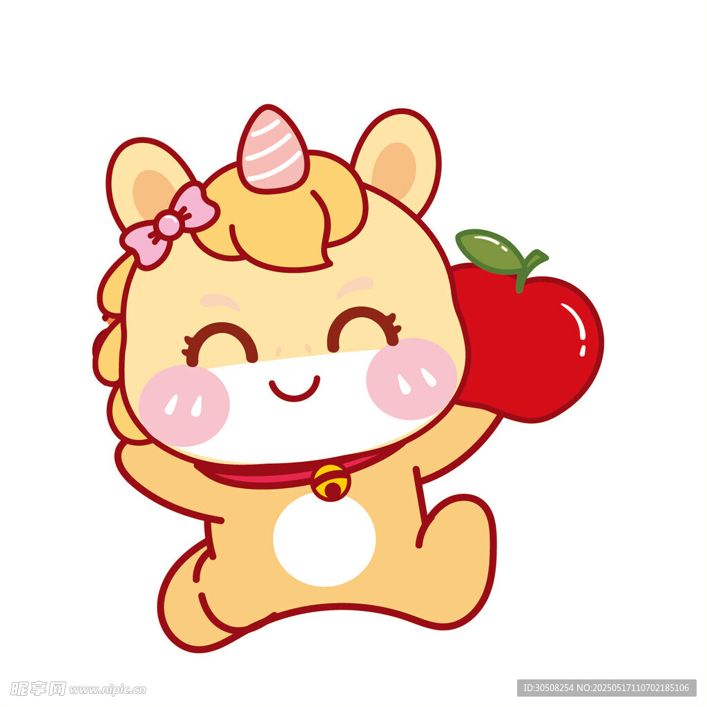 黄色马宝宝跑举苹果卡通插画图片
