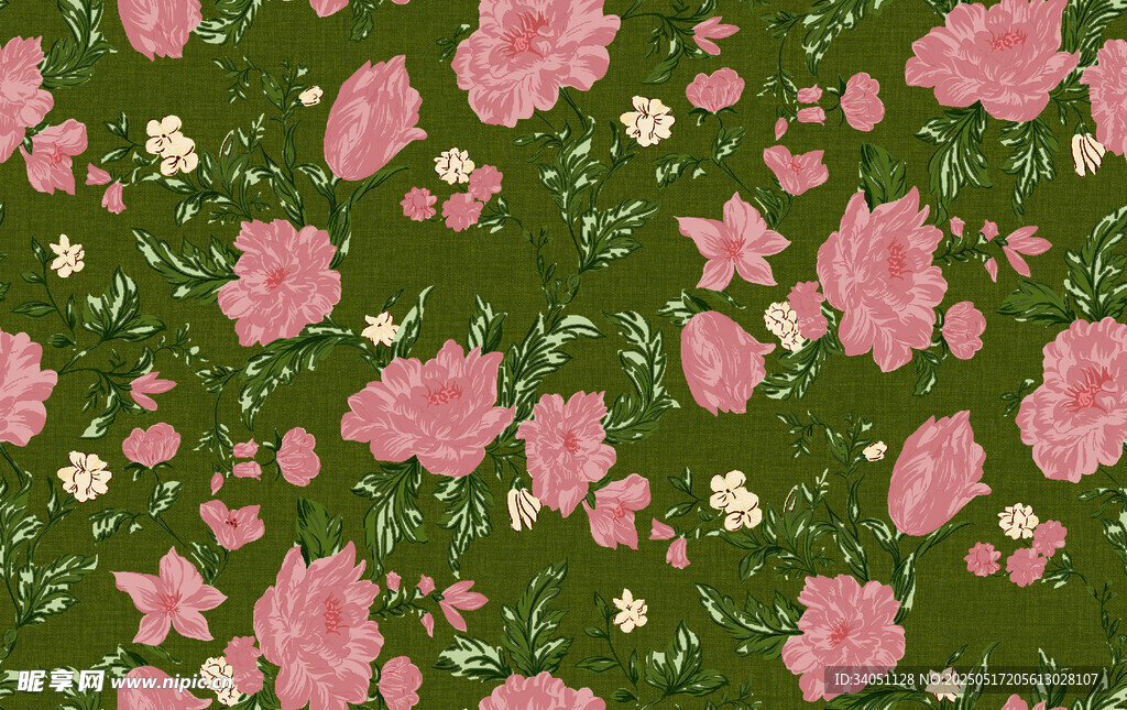 粉色花卉绿色背景图案