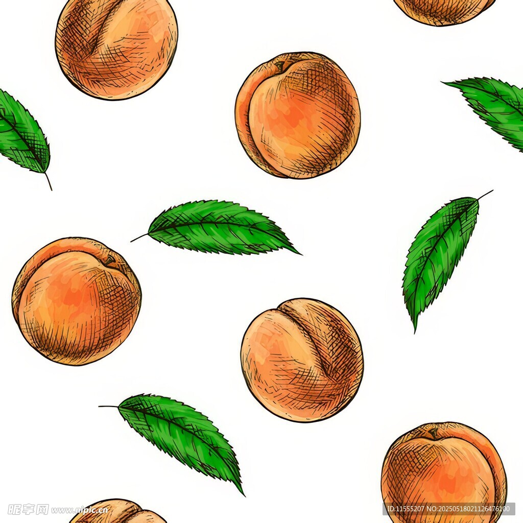 手绘桃子与绿叶图案