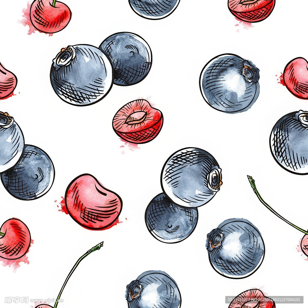 水彩风樱桃蓝莓图案背景