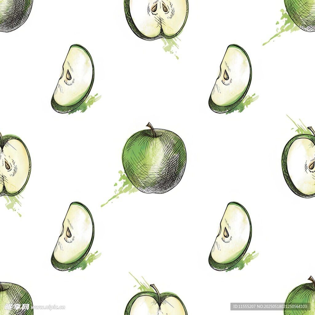 水彩青苹果无缝图案背景