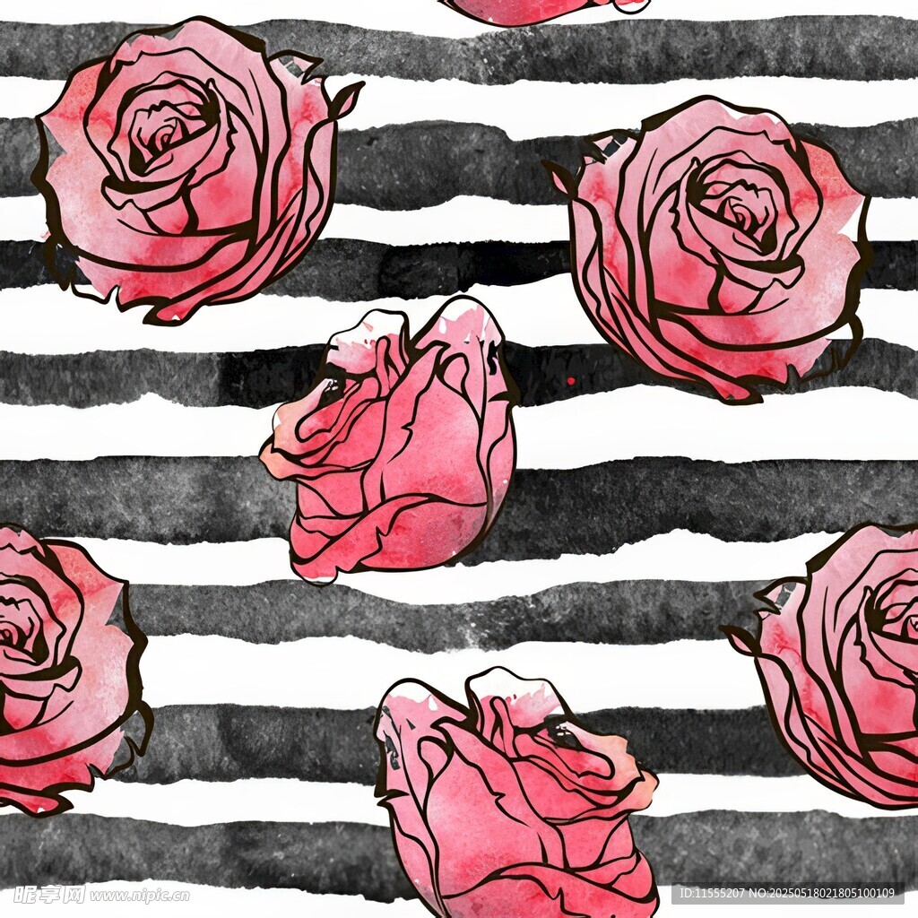 黑白条纹上的水彩粉玫瑰
