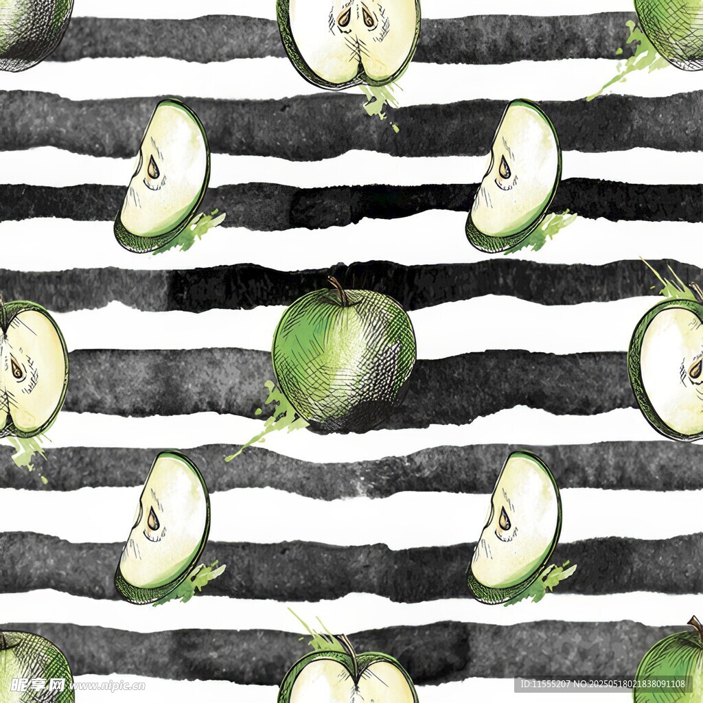黑白条纹背景的青苹果图案