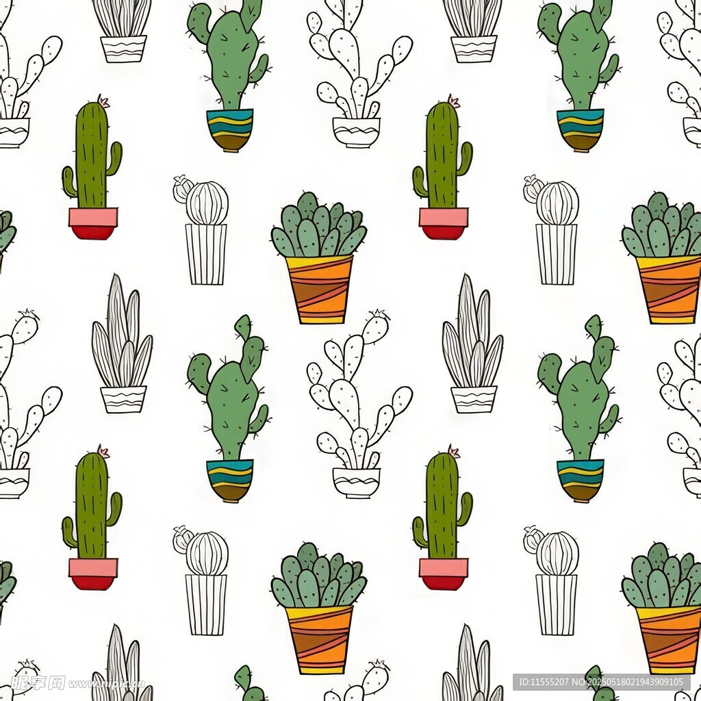 仙人掌盆栽无缝图案背景