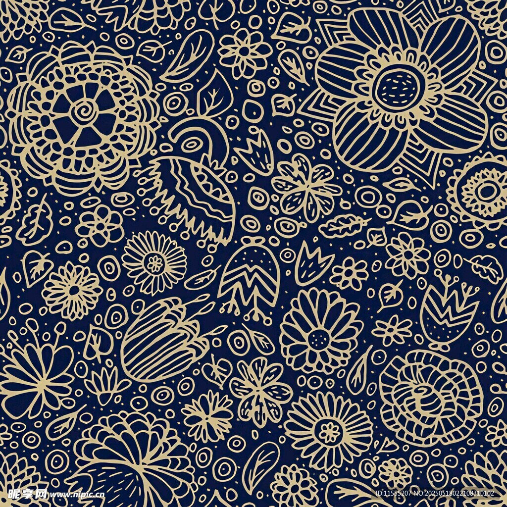 深蓝底精致手绘花纹图案