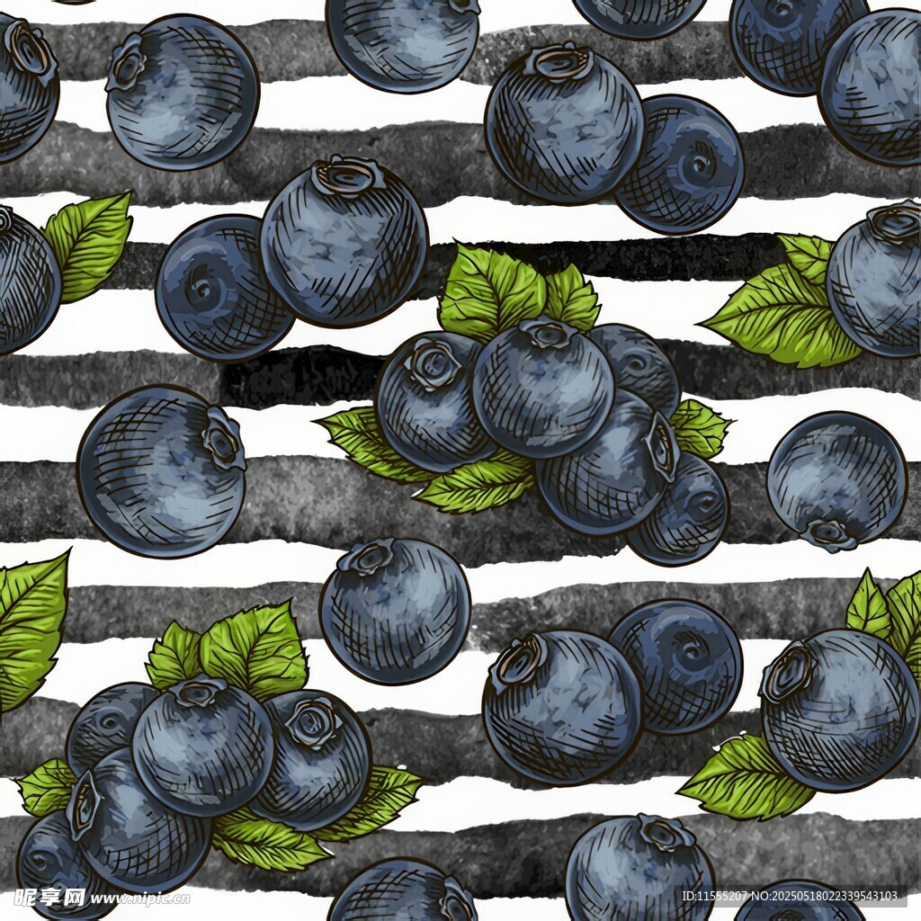 蓝莓绿叶无缝图案设计