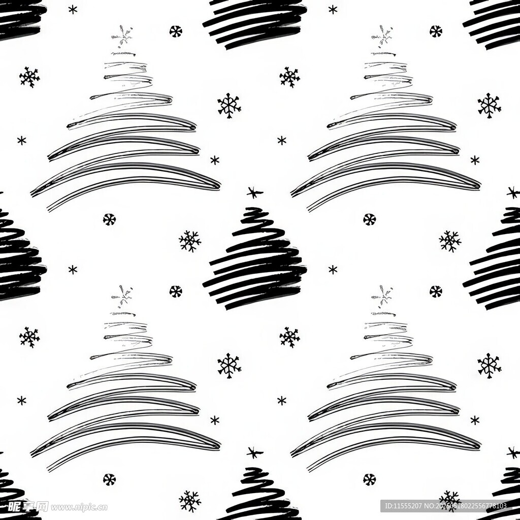黑白圣诞树雪花无缝图案四方连续