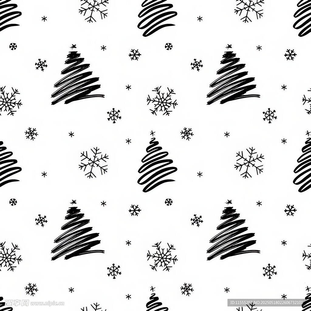 黑白圣诞元素无缝图案四方连续 