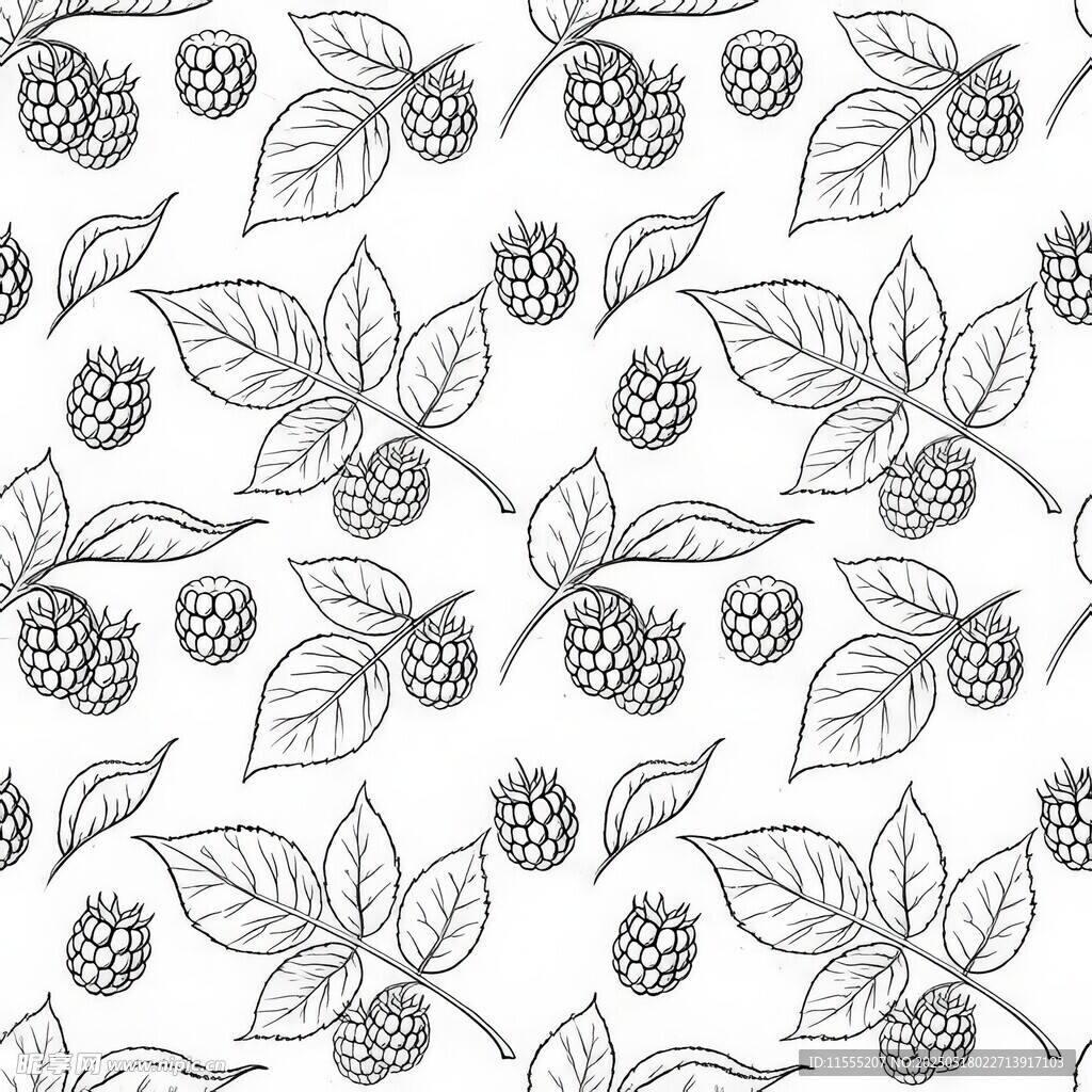 黑白浆果树叶图案背景四方连续 