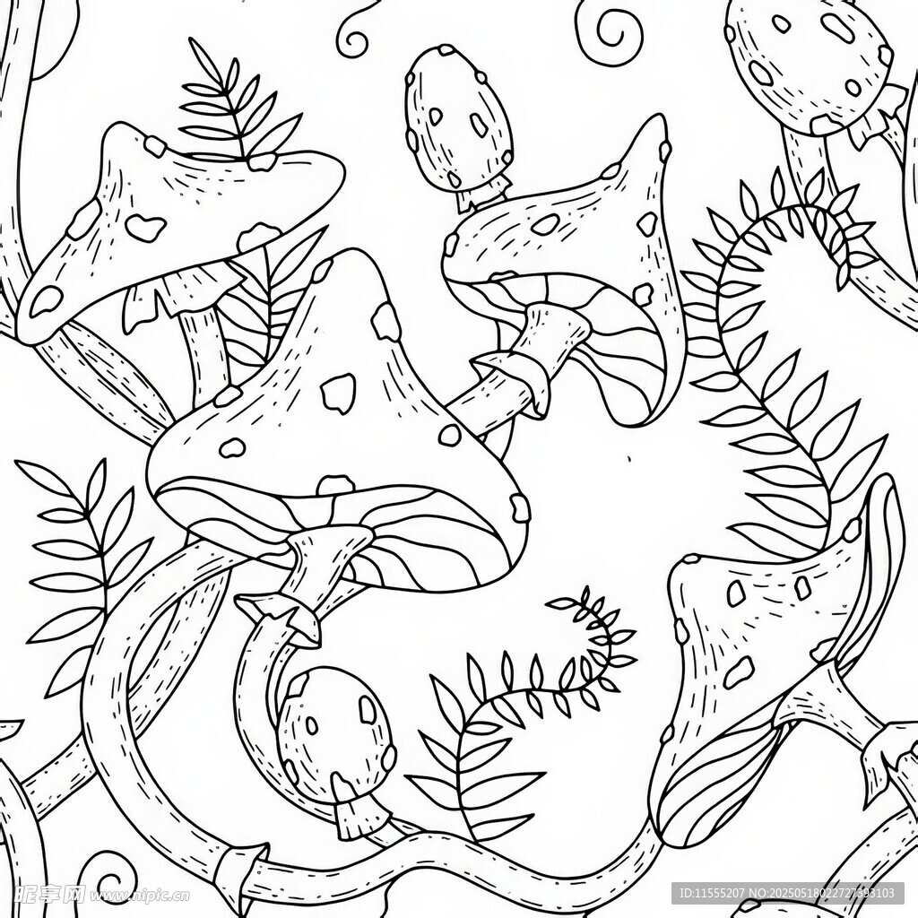 奇幻蘑菇森林黑白插画四方连续 