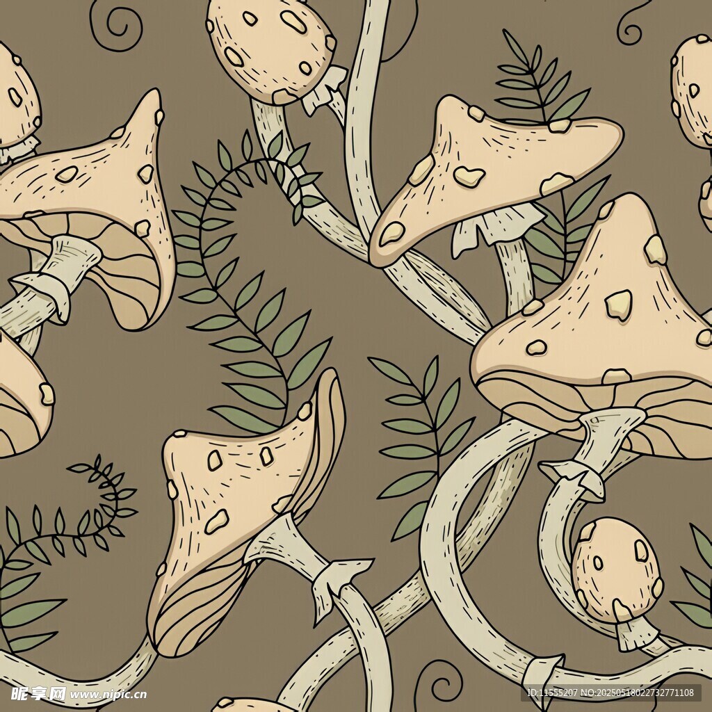 手绘蘑菇与植物图案背景四方连续