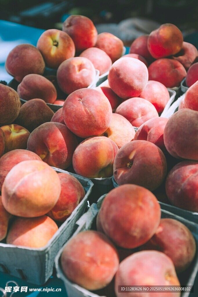 新鲜水蜜桃堆放在容器中