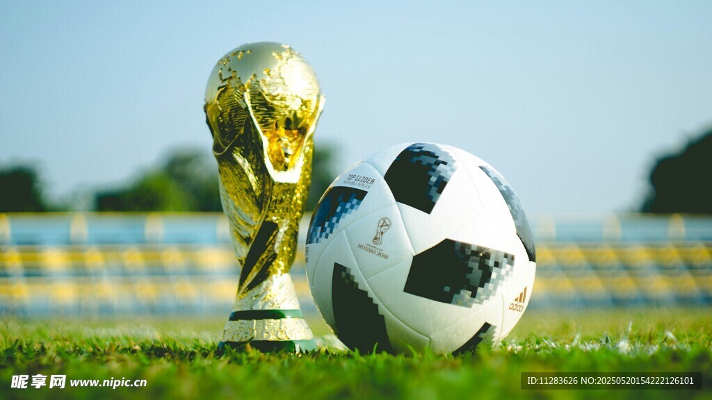 足球与世界杯奖杯在绿茵场