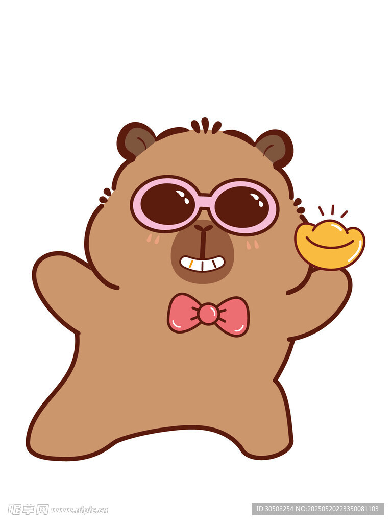 戴墨镜的小熊举着小黄鸭