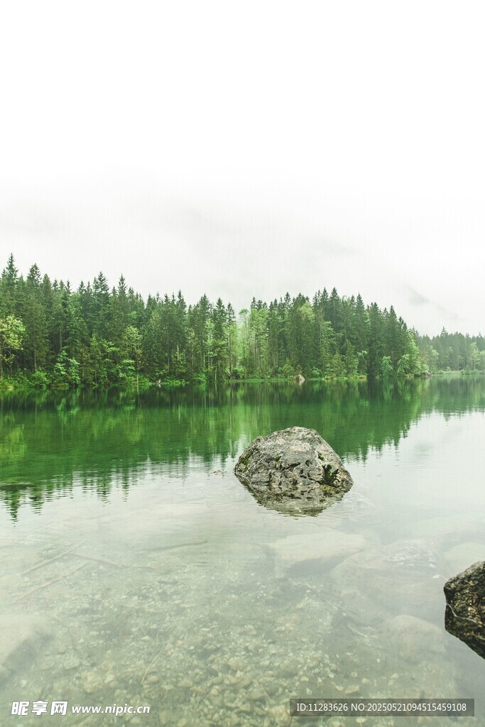 宁静湖景中的孤石与森林