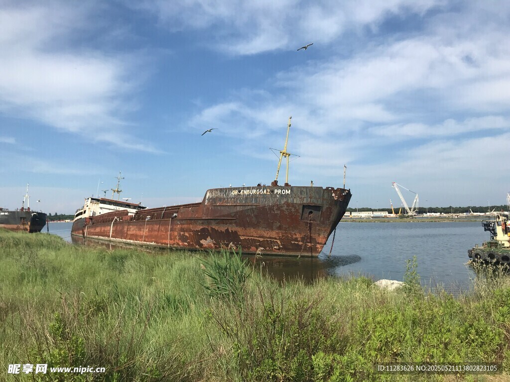 废弃船只静立水边草地