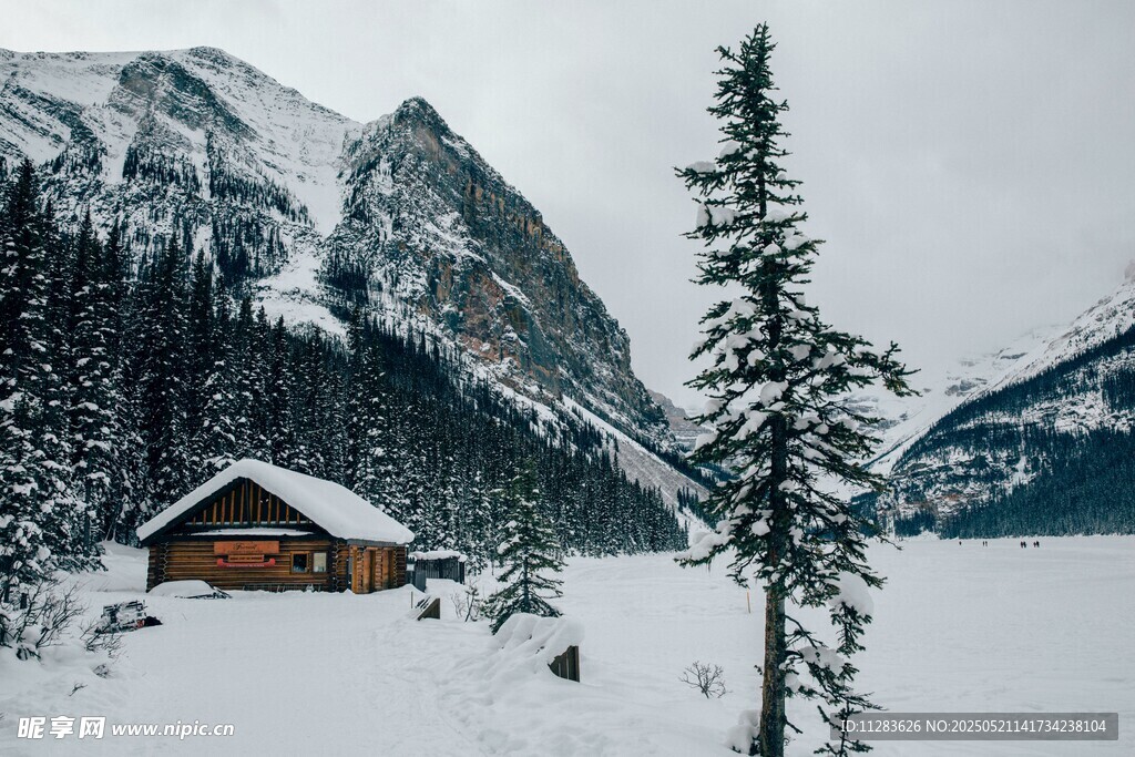 雪中山间小屋与挺拔松树