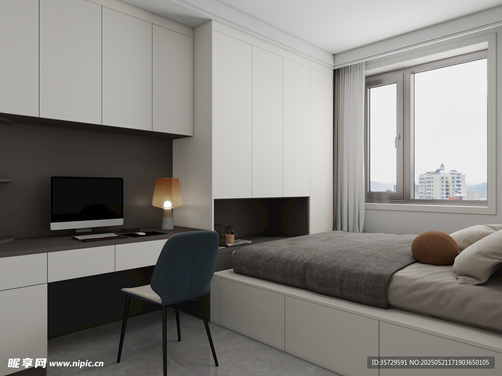 简约现代风卧室书房一体空间