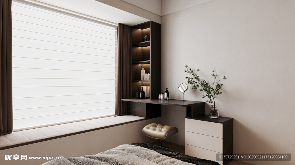 简约卧室窗边收纳柜一角