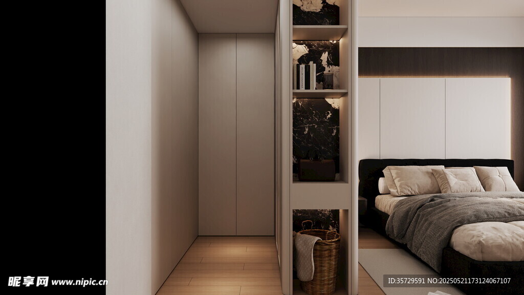 简约卧室旁的嵌入式收纳柜