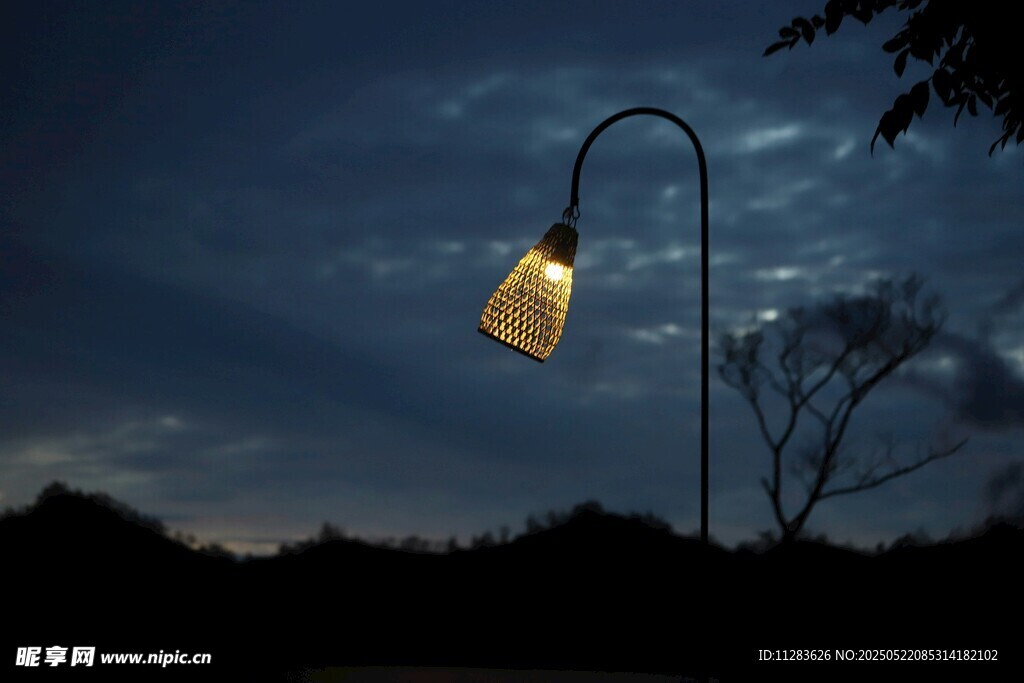 夜空中孤独的发光路灯