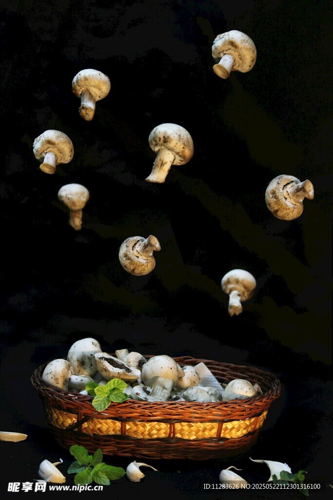 蘑菇从篮中飘出奇幻场景