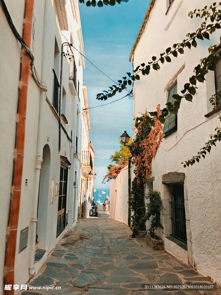 白色小巷中的静谧风景