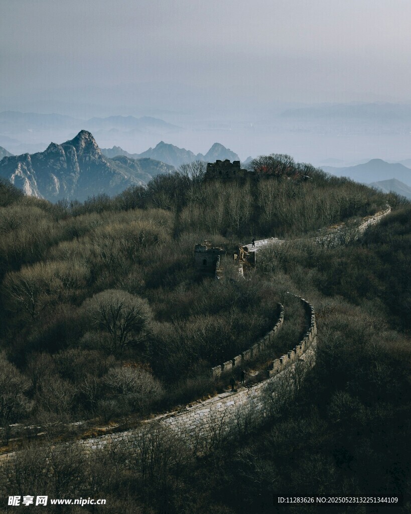蜿蜒长城于山峦绿意间