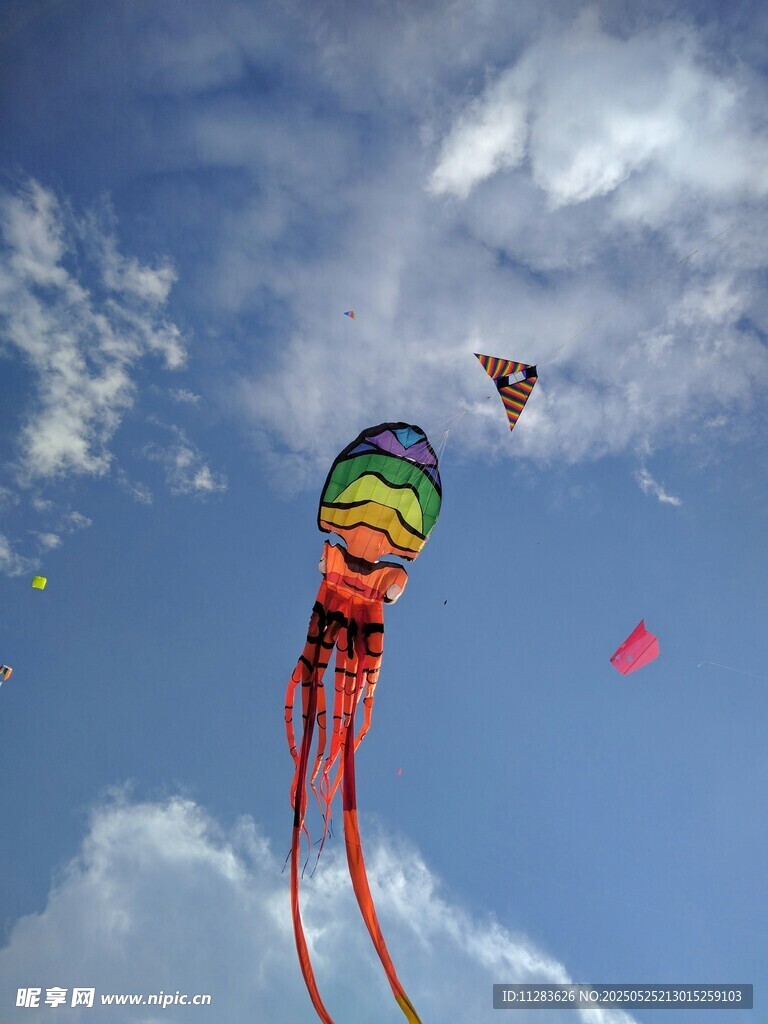天空中多彩风筝自由飞舞
