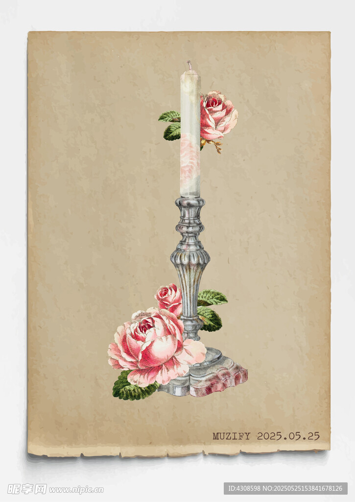 复古 蜡烛台与玫瑰