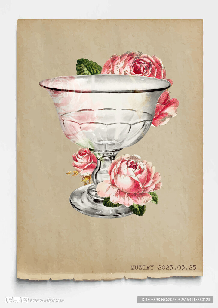 复古 玻璃杯与玫瑰 
