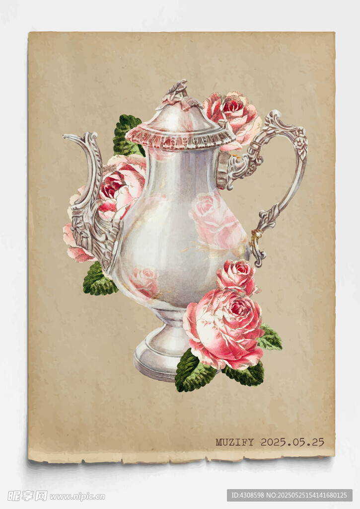 复古 银酒壶与玫瑰 