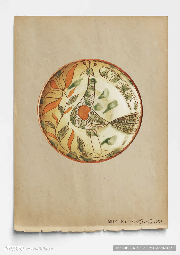 古董 彩绘陶瓷盘 