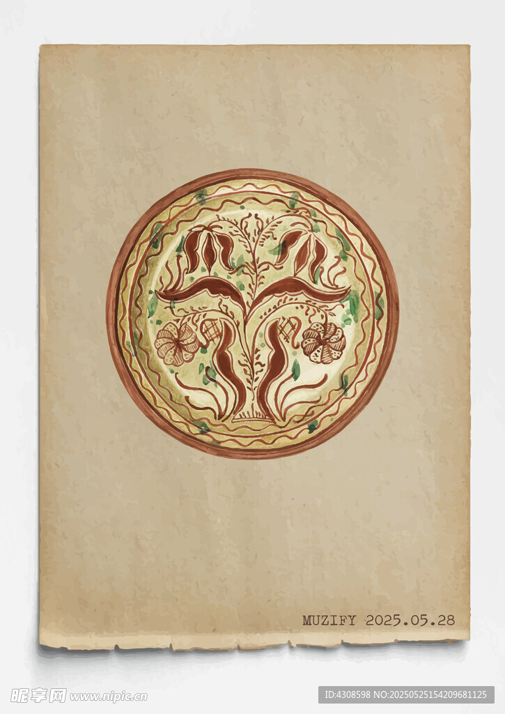 古董 彩绘陶瓷盘 