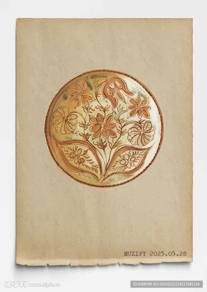 古董 彩绘陶瓷盘 